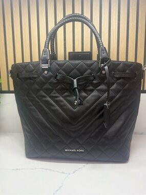 Michael Kors Black Quilted Leather Tote with Braided Handles
